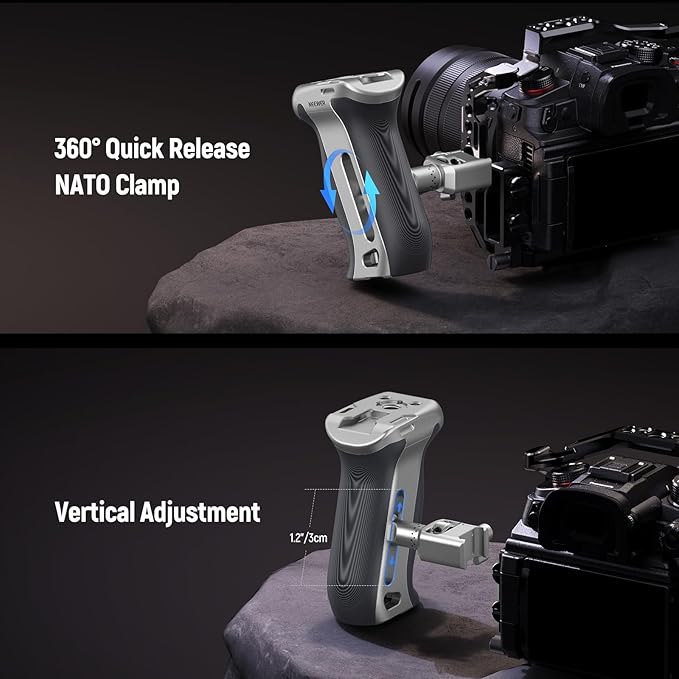NEEWER Quick Release NATO Side Handle, Ergonomic Camera Side Handgrip with NATO Clamp, Nonslip Grip, Cold Shoe, 1/4" & 3/8" Thread for ARRI, Compatible with SmallRig Camera Cage, CA130