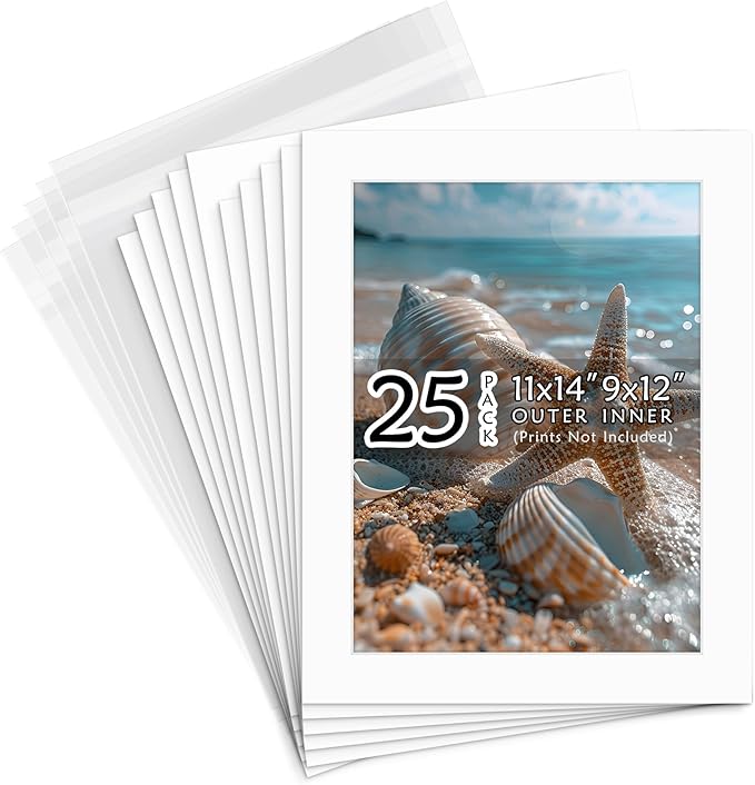 Golden State Art, Acid Free, Pack of 25, 11x14 White Picture Mats Mattes with White Core Bevel Cut for 9x12 Photo + Backing + Bags