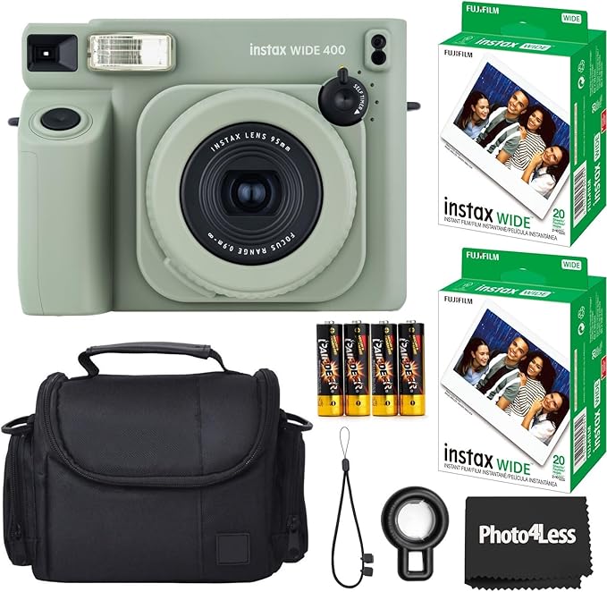 Fujifilm Instax Wide 400 Instant Film Camera (Sage Green) Bundle with Instax Wide Instant Film (40 Sheets), with Accessories Including Protective Carrying Case
