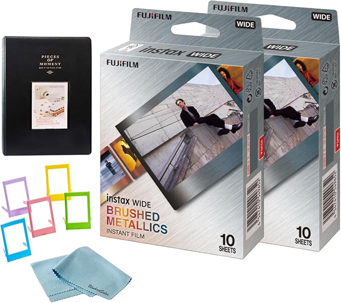FUJIFILM INSTAX Wide Brushed Metallics Instant Film Bundle – 20 Exposures + Album, Photo Frames & BluebirdSales Cleaning Cloth