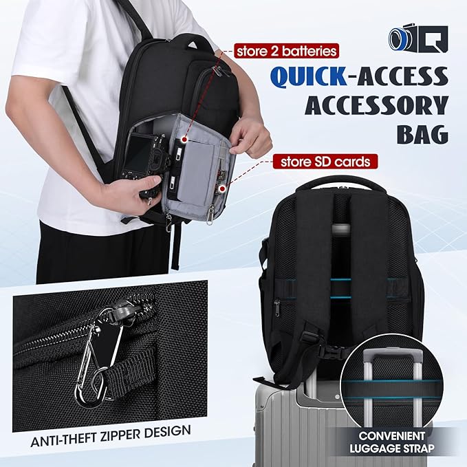 RAINSMORE Camera Backpack Camera Bag for Photographer DSLR SLR Mirrorless Camera Cases with Waterproof Rain Cover & Laptop Compartment Fit 15.6 Inch Laptop,Anti Theft Travel photography backpack,Black