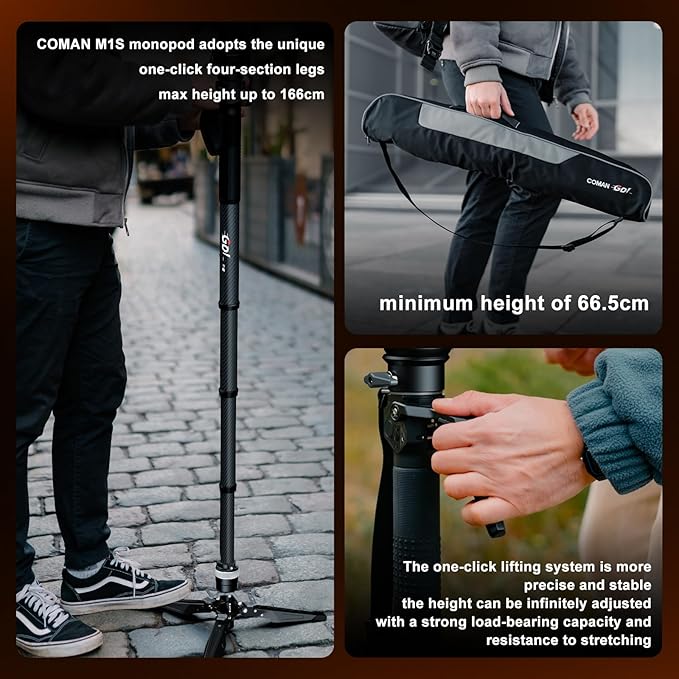 COMAN One-Click Lifting Monopod with Feet, 65’’ Travel Monopod with 360° Ball Bowl Head, Lightweight Camera Tripod with Arca Quick Release for Canon Nikon, DSLR Cameras, Max Load 22lbs/10kg (M1S)