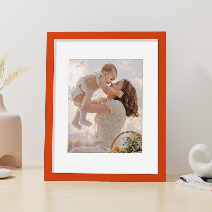 Vittanly 11x14 Picture Frame, Made of Solid Wood and Shatterproof Plexiglass, Display Pictures 8x10 with Mat or 8x10 without Mat, Wooden Photo Frame for Wall Mounting or Tabletop, Orange, 1 Pack