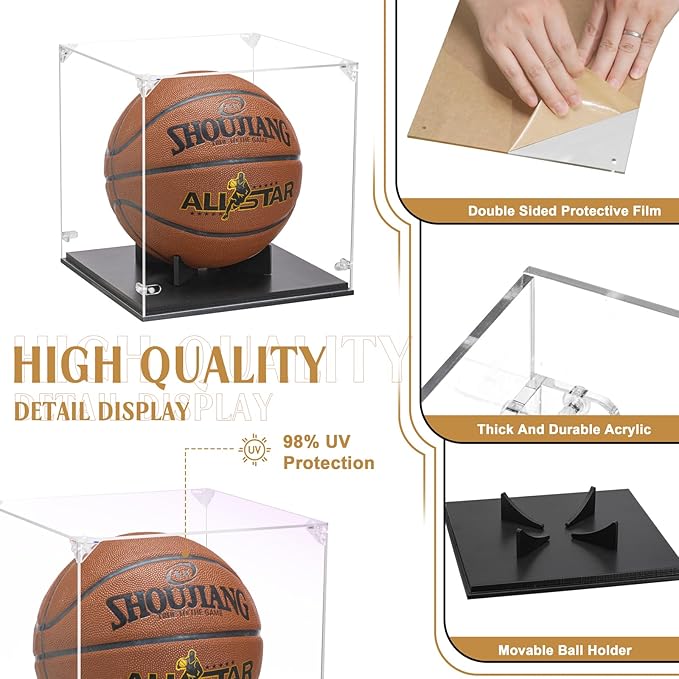 Basketball Display Case, Thickened UV Protection Clear Acrylic Lid Basketball Holder, Wooden Basketball Base Stand for Autographed Ball and Memorial Gift