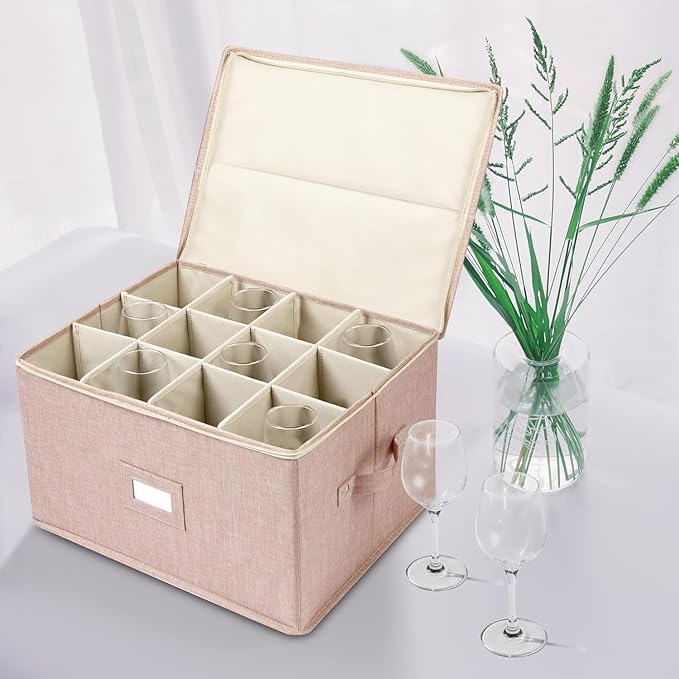 popoly Wine Glass Storage Box 2 Pack, Stemware Storage Containers Cases with Dividers, Stackable Moving Supplies for 24 Wine Glasses, Drinkware, Glassware or Crystal, (Beige)
