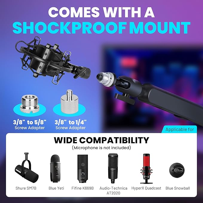 CAHAYA Mic Stand Boom Arm - Low Profile Adjustable Microphone Arm Stand with 3.5" Extension Pole Desk Clamp Screw Adapter for Streaming Gaming Compatible with Blue Yeti Shure SM58 SM48 Fifine K669B