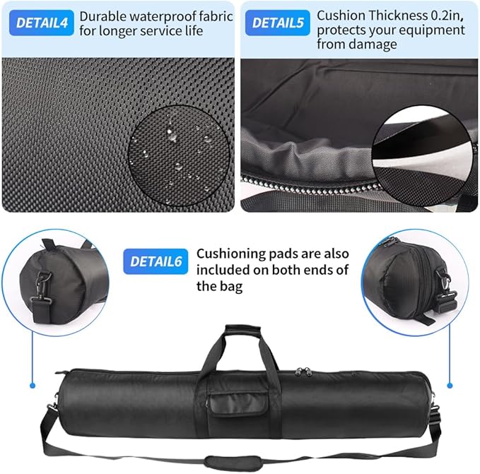 HEMMOTOP 39-inch Tripod Carrying Case, 0.2in Padded Light Stand Bag with Shoulder Strap and Carry Handle, Tripod Bag with 2 Zippered Pockets Fits Tripods with Head up to 39In – Lightweight Version