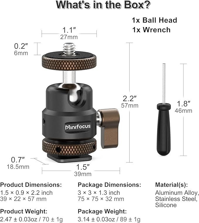 MINIFOCUS Mini Ball Head, Metal Tripod Ballhead with 1/4" Cold Shoe Adapter, 360° Swivel 125° Tilt Ball Heads for Camera, Camcorder, Phone Holder, Max Load 11lb