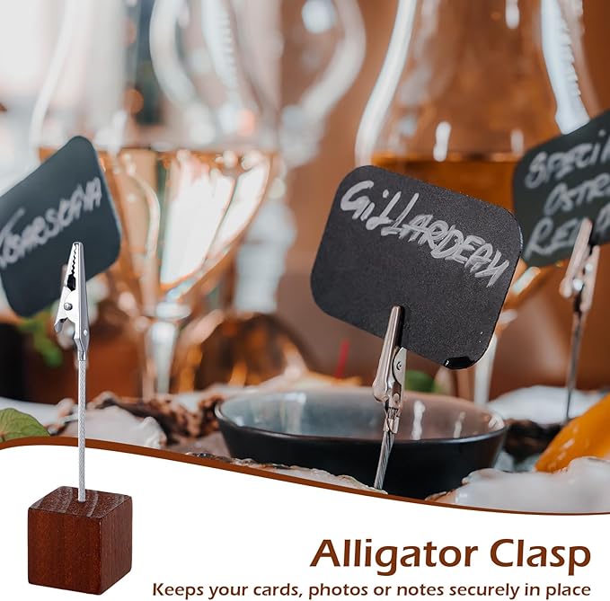 Gersoniel 100 Pcs Cube Base Memo Clip Holder with Alligator Clip Wood Table Number Holder Cube Base Place Card Stand Mini Photo Menu Stand for Displaying Number Card (Brown)