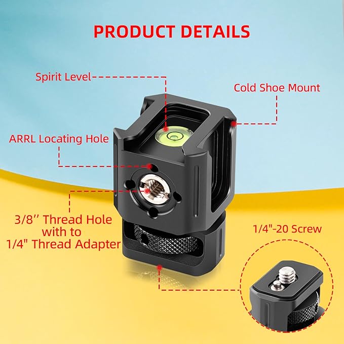 Zeadio Universal Camera Mount with 1/4"-20 Screw, Hot Shoe Adapter, 3/8" Threaded Holes with to 1/4"-20 Threaded Adapter, Light Shoe & Bubble Level for Monitor and Light Mounts etc