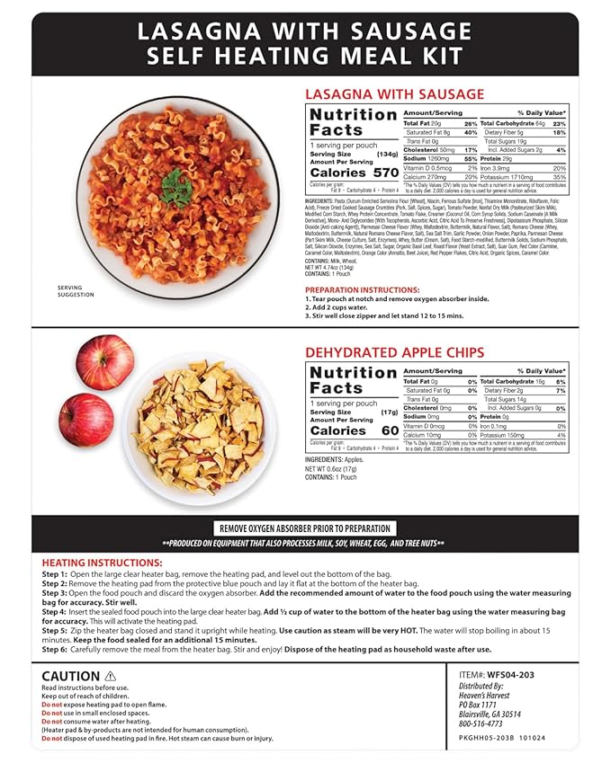 Heaven's Harvest Self-Heating Emergency Meal Kit (10 Year Shelf Life) — Tastier than MRE Meals & Ready-To-Eat in Minutes! Just add water to activate the “cooking” process. (Lasagna w/Sausage) (6-Pack)