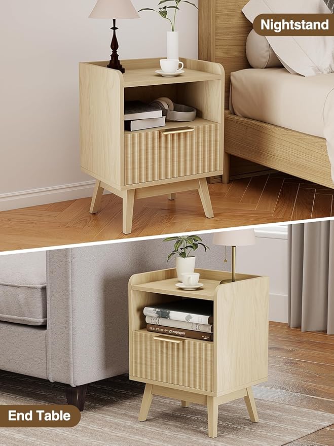 Modern Fluted Nightstand with Drawer and Open Storage Shelf, Bedside Table with Raised Edge, Boho Night Stand with Solid Wood Legs & Metal Handle, End Table for Bedroom Natural
