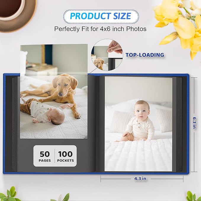 Popotop Photo Album 4x6 100 Pockets with Leather Hardcover Cover, Small Photo Album Holder Book with 50Pcs Pages for Family Travel Wedding Baby Gifts