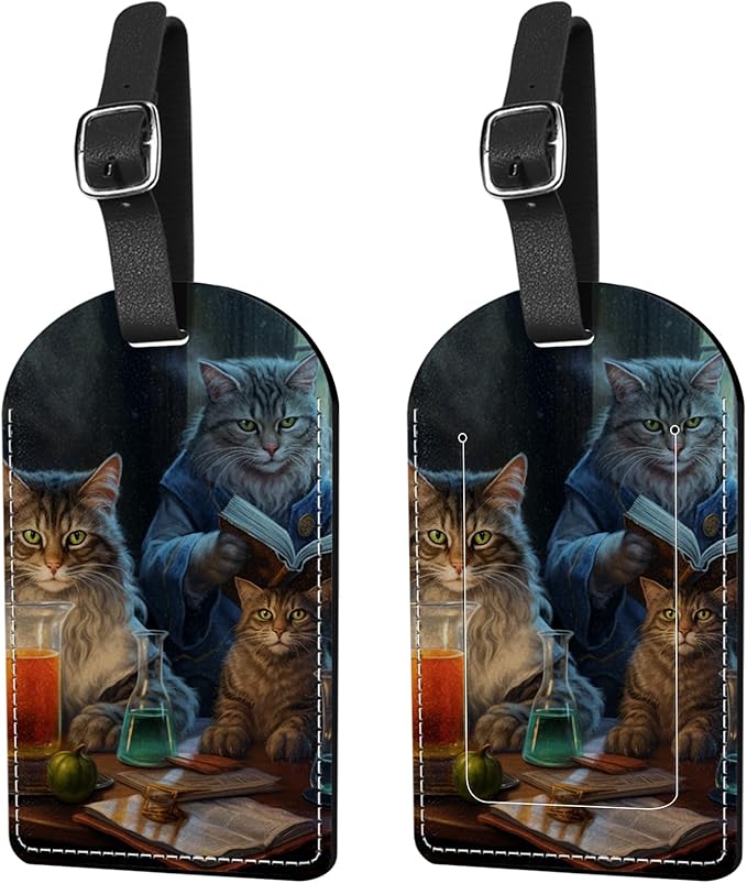 2 Pack Luggage Tag Suitcase Tags PU Leather Identifiers Privacy Cover Luggage Tags Aesthetic Cute Travel Bag Labels for Women Girls Men-Cat