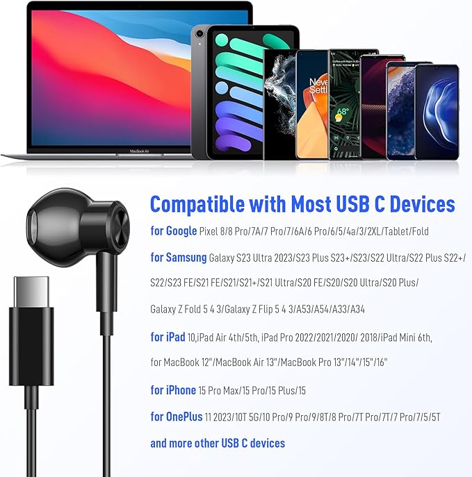 USB C Headphones for Samsung S26 S24+ S25 Ultra 23, Type C Earphones with Microphone Magnetic Volume Control HiFi Stereo Wired Earbuds for iPhone 17 Pro Max Air 16/Galaxy A53 S22 S21 FE Fold/Pixel 10