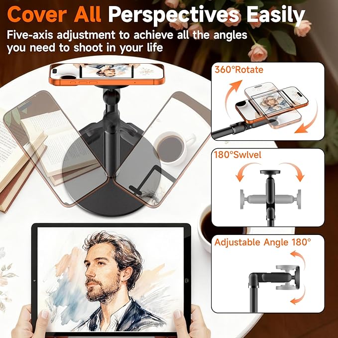 360° Rotating Magnetic Phone Stand for MagSafe, 2 in 1 Adjustable Tablet Stand & Cell Phone Stand, Aluminum Phone Holder for Desk, Compatible iPhone 17 16 15 14 13 12 Pro Max and IPad, Black