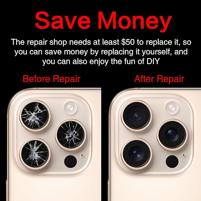 2PCS ASDAWN Back Rear Camera Lens Glass Replacement for iPhone 16 Pro Max and 16 Pro Camera Glass Lens Replacement with Pre-Installed Adhesive + Repair Tool Kit + Installation Manual