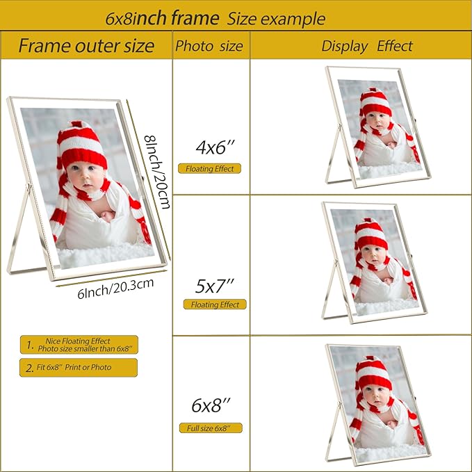 6x8''Silver Floating Photo Frame Set of 2, For Photo Sizes (4x6'' 5x7''), Metal beaded Edge 5x7 floating Picture Frames silver for Tabletop/Shelf, Classy Gift Choice for Wedding