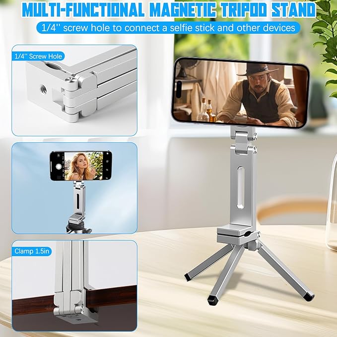 Magnetic Phone Tripod Stand,Tripods Mount Foldable,Magnetic Tripod Selfie Stick,Upgrade Mini Cell Phone Tripods Mount Handle Smartphone Desk Stand for Video Recording Travel,PhoneStand (Silver)