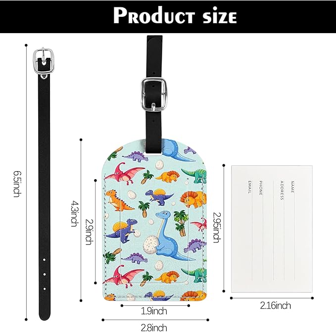 2 Pack Luggage Tag Suitcase Tags PU Leather Identifiers Privacy Cover Luggage Tags Aesthetic Cute Travel Bag Labels for Women Girls Men-Dinosaur