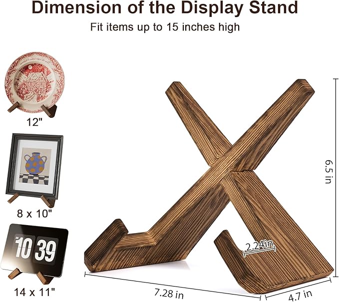 Wooden Plate Stands for Display, Wood Plate Holders for Displaying, Decorative Picture Frame Stand, Easel for Sign, Cookbook, Now Playing Vinyl Record, Recipe Book Holder for Photo, Plaque, Platter