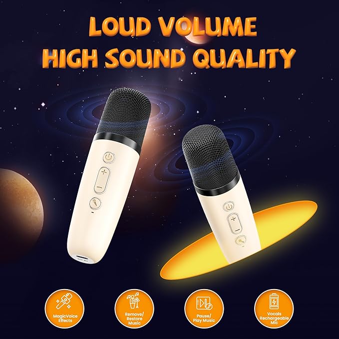 Mini Karaoke Machine for Kids, 2025 Top Christmas Birthday Gifts for 4, 5, 6, 7, 8, 9, 10, 12+Years Old Girls Boys Grandkids, Party Portable Bluetooth Speaker with 2 Wireless Microphones (Beige)