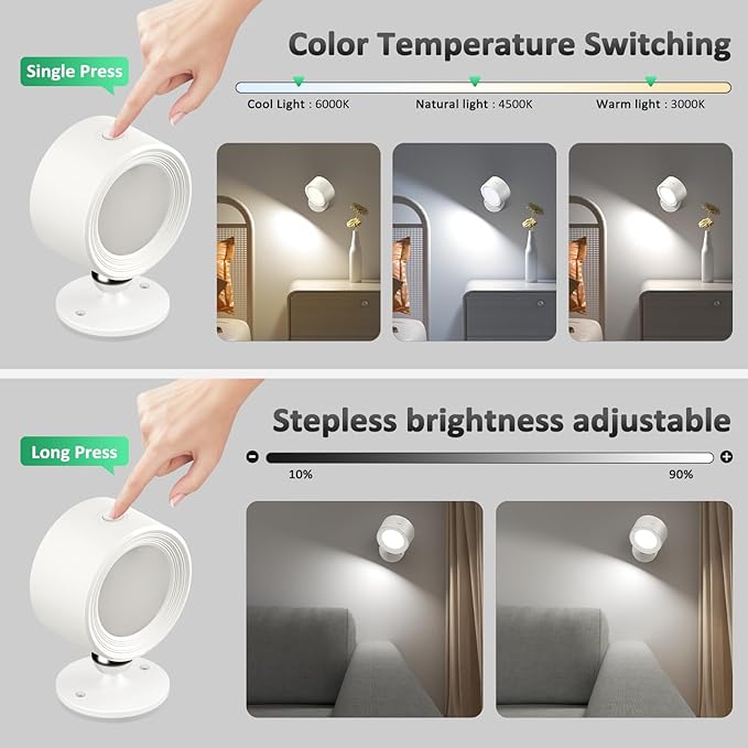 LED Wall Sconces with Remote, Wall Mounted Lights Rechargeable Battery Operated, 3 Color Temperatures & Dimmable Wall Lamp Magnetic 360° Rotation Wireless Light