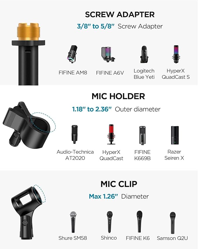 InnoGear Mic Stand Floor, Boom Arm Floor Microphone Stand Height Adjustable Heavy Duty with Iron Base for HyperX SoloCast, HyperX QuadCast S, Razer Seiren V3 Mini, Blue Yeti Shure SM58 and Other Mics