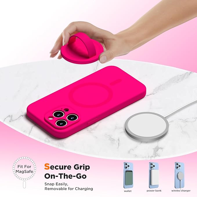 Upgraded Magnetic Phone Grip, Liquid Silicone Soft and Portable, Removable Finger Loop Ring Grip Holder for iPhone, Strong Magnetic Attraction, Compatible with MagSafe Phone Case, Neon Pink