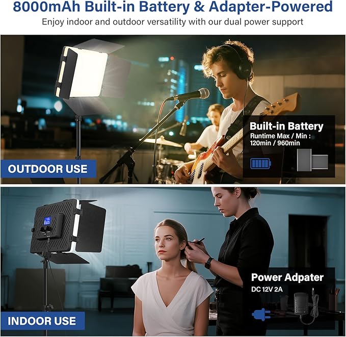 2 Pack Led Video Light Kit with Stand, Kmasic Photography Light Panel Built-in 8000mAh & LCD Display, 2200Lux 2500K-8500K Soft Studio Light for Video Recording Game Live Streaming YouTube TikTok