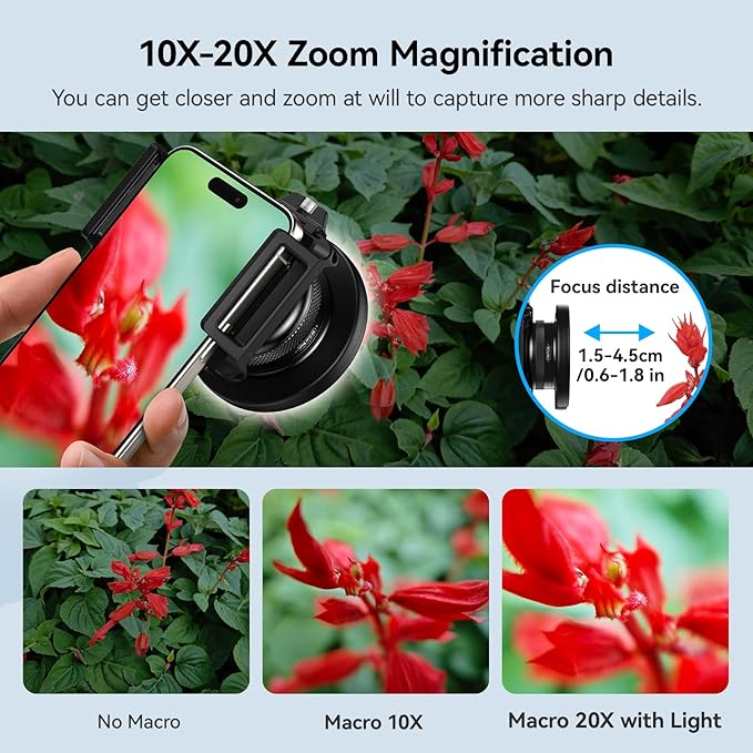 APEXEL 10-20X Macro Lens for iPhone & Android Phones | HD Photography Lens Kit with Universal Clip & 45-Mode Fill Light | Capture Still Life Close-Ups, Insects, Plants, Jewelry, Food & Small Objects