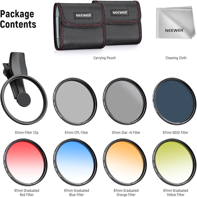 NEEWER 67mm 7 Pack ND Filter Set Compatible with Android Samsung Google Pixel Huawei Xiaomi Clip On CPL+ ND32 + Starlight + GND (Red/Orange/Yellow/Blue) Camera Lens Photography Accessories Kit, FL-P11