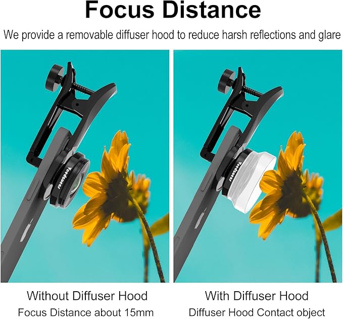 10X Macro Lens for iPhone Android Smartphone, Compatible with SmallRig NEEWER Phone Cage, with Detachable Diffuser Hood, 17mm Thread Universal Phone Lens Clip and Black Portable Bag