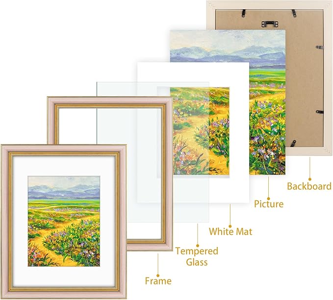 Golden State Art,11x14 Ornate Picture Frame for 8x10 Photo with Mat or 11 x 14 Prints Without Mat, Real Glass Wall Display Horizontally or Vertically (Striped Purple Gold)