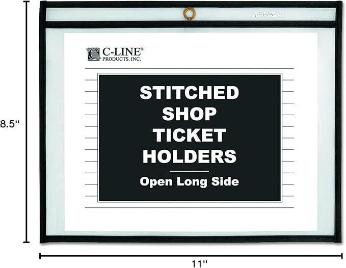 C-Line Stitched Shop Ticket Holders, Both Sides Clear, Open Long Side, 11 x 8.5 Inches, 25 per Box (49911)