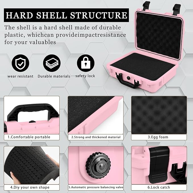 Relaxweex 1 Pcs 16.3 x 12.4 x 6.5 Inch Waterproof Hard Case with DIY Customizable Foam Insert Portable Protective Case with Knife for Camera Drones Equipments Tools Test Instruments (Pink)