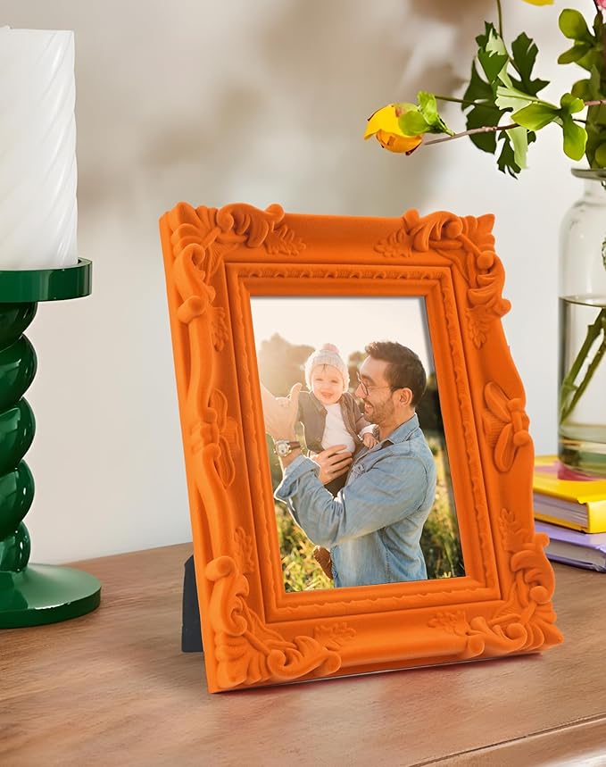 Orange Picture Frame 4x6 for Shelf Desk Table Decor, Colorful Ornate Frame with Velvet Touch for Diamond Paintings Art Prints Posters, Modern Gallery Wall Frames for Bedroom Decoration (Orange)