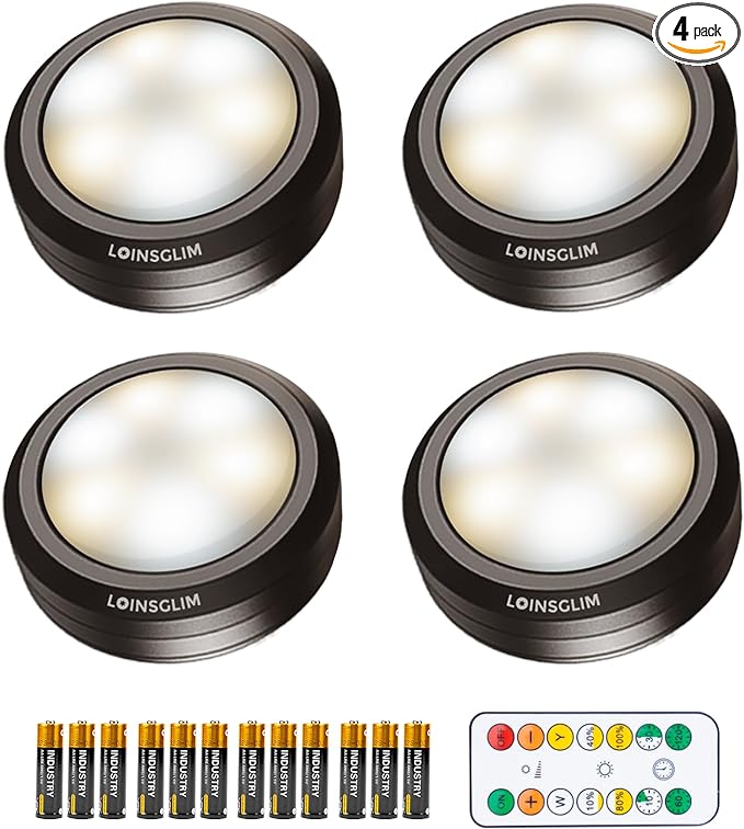 Puck Lights with Remote Control, Wireless LED Puck Light for Kitchen,Battery Operated Under Cabinet Lights, Under Counter Lighting Dimmable, Stick On Lights for Closet Black (4pack)