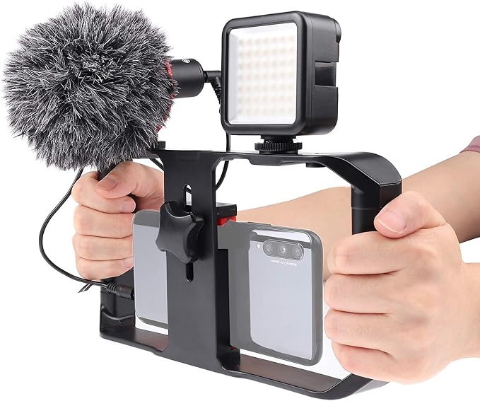 FocusFoto PRO U-Rig Smartphone Video Camera Cage Mount Holder Stabilizer Handle Grip with BOYA by-MM1 Microphone Mic+ 49 LED Light+ Mini Tripod Kit for Mobile Phone iPhone Filmmaking Videomaker