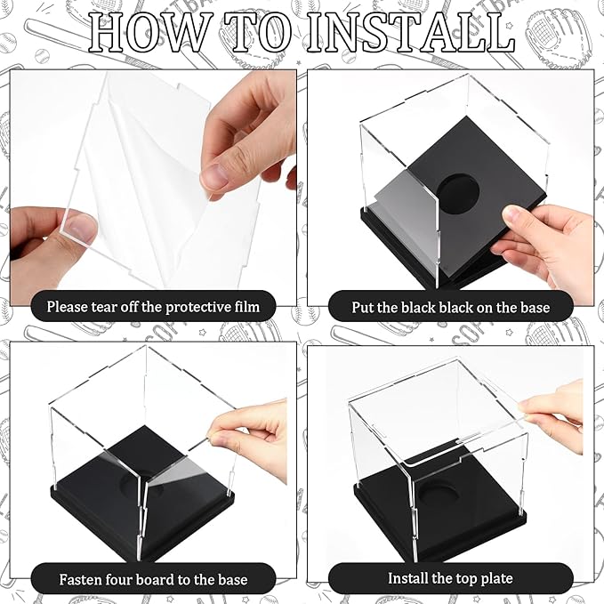 Baderke 1 Pcs Softball Display Case Acrylic Softball Baseball Stand Holder UV Protected Memorabilia Ball Box Clear Display Cube for Sports Ball Storage (Remove The Protective Film Before Use)