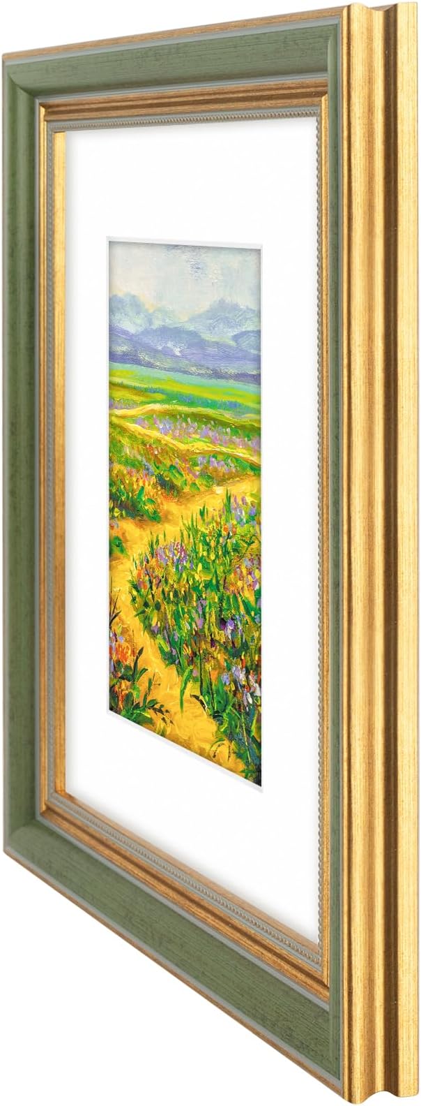 Golden State Art,8x10 Ornate Picture Frame for 5x7 Photo with Mat or 8 x 10 Prints Without Mat, Real Glass Wall & Tabletop Display Horizontally or Vertically (Color:Green Gold)