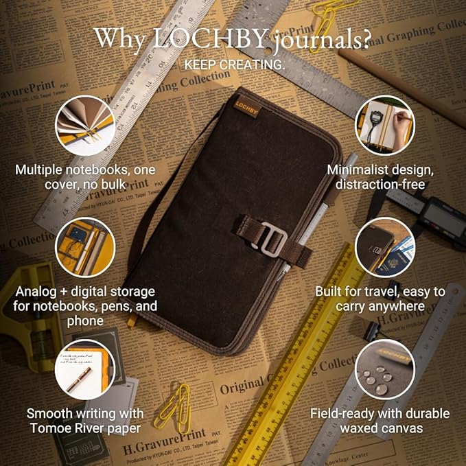 LOCHBY® Voyager Journal | Water Resistant Waxed Canvas | Pen Loop | Included Tomoe River Notebook | Perfect for Travel, Art, Bullet Journal