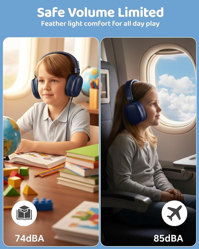 Kids Bluetooth Headphones, Over-Ear Wireless Headphones with Microphone, Safe-Volume 85dBA, Bluetooth 5.4, Foldable Lightweight and Comfortable, 50H Playtime, USB-C Charging, Blue