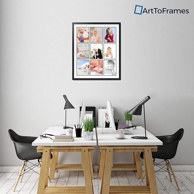 ArtToFrames Collage Photo Frame Double Mat with 9-8x10 Openings with Satin Black Frame and Fabric White mat.