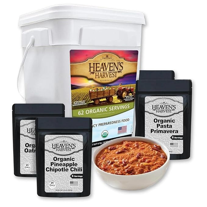 Heaven’s Harvest 25-Year Organic Family Food Kit — Emergency Food Supply. Freeze Dried Survival Food Kit + Water-Proof 25-Year Storage Bucket. MRE Meals, Non-Perishable Camping Food (62 Servings)