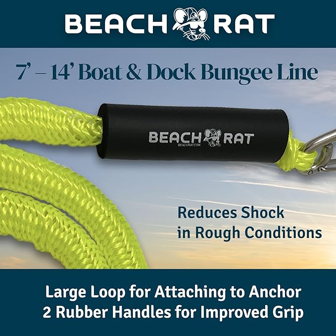 Beach Rat 7-14’ Bungee Boat Anchor & Dock Line with Stainless Steel Clip – Reduces Shock to Anchors, Docks, Cleats & Pylons – Boat Rope That Stretches – Beach Rat Anchor Accessory (Neon Yellow)