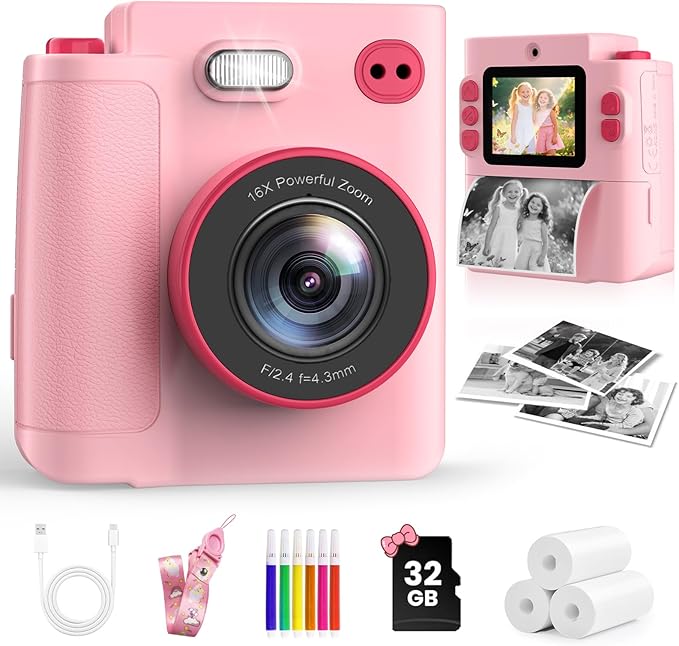 MYSTILUCK Kids Camera Toys for 3 4 5 6 7 8 9 10 Year Old Girls Boys, Christmas Birthday Gift with 1080P HD Digital Camera, 32GB SD Card, Selfie Mode, Fun Filters, Portable Travel Toy - Pink