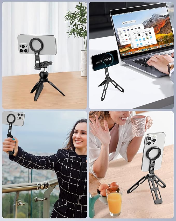 UBeesize Magnetic Portable Tripod for iPhone -MagSafe Mini Phone Stand & Universal Tripod Mount, Foldable Aluminum Phone Holder for iPhone 16/15/14/13/12, Pocket Travel Desktop All in One