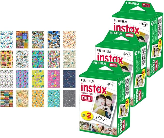 3X Fujifilm instax Mini Instant Film (60 Exposures) + 20 Sticker Frames for Fuji Instax Prints Travel Package