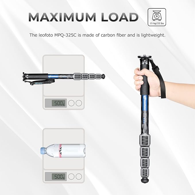 LEOFOTO Camera Monopod Carbon Fiber Portable Compact Lightweight Travel Monopod with Wrist Strap, Silicone Handle, Twist Locks, 5-Section up to 165cm, Max Load 15kg，Black(MPQ-325C)